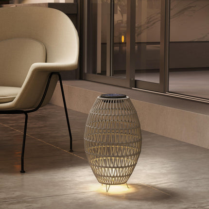 Rattan Solar Garden Lantern with Auto On/Off - Light Grey