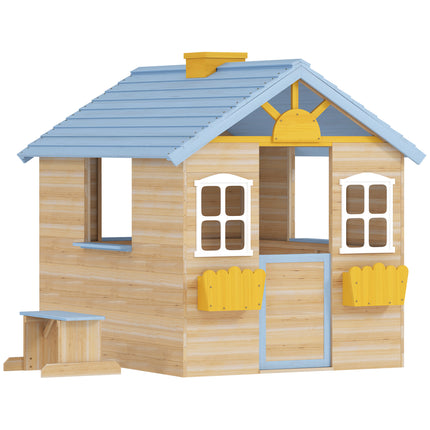 Wooden Playhouse, Wendy House w/ Door, Bench, Flowerpot Holder, For Ages 3-7 Years, Blue