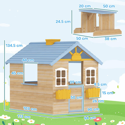 Wooden Playhouse, Wendy House w/ Door, Bench, Flowerpot Holder, For Ages 3-7 Years, Blue