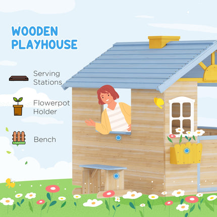 Wooden Playhouse, Wendy House w/ Door, Bench, Flowerpot Holder, For Ages 3-7 Years, Blue