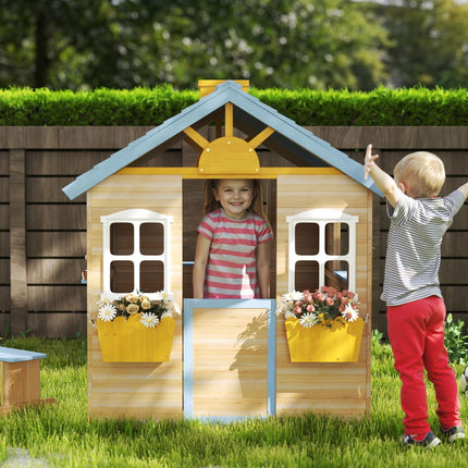 Wooden Playhouse, Wendy House w/ Door, Bench, Flowerpot Holder, For Ages 3-7 Years, Blue
