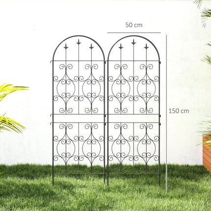 Set of 2 Metal Garden Trellis Panels with Scrollwork Design 50x150cm - Black