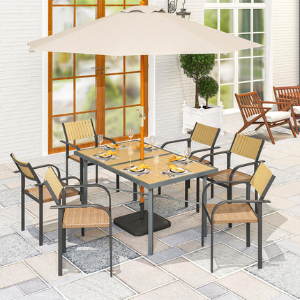 6 Seater Garden Dining Table with Wood Effect Top & Umbrella Hole - Natural Wood Finish