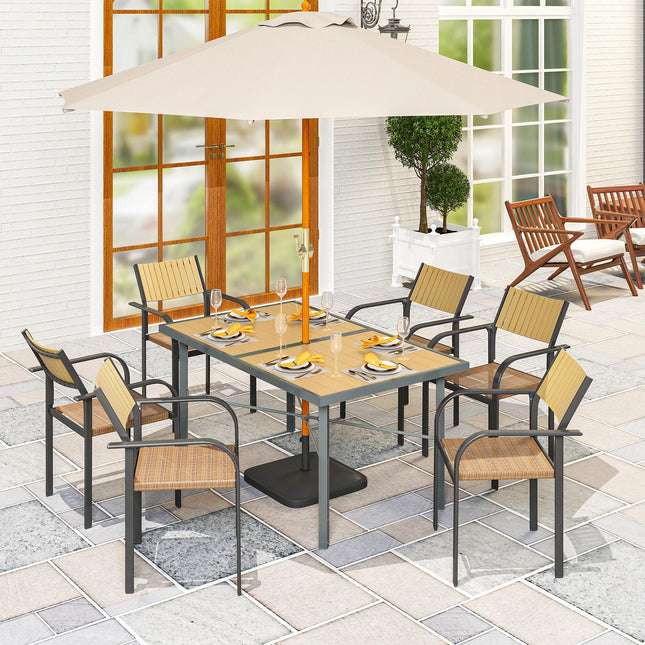 6 Seater Garden Dining Table with Wood Effect Top & Umbrella Hole - Natural Wood Finish