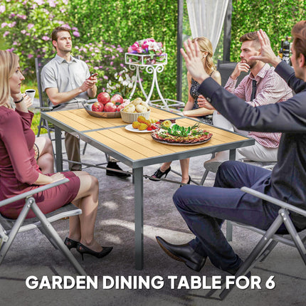 6 Seater Garden Dining Table with Wood Effect Top & Umbrella Hole - Natural Wood Finish