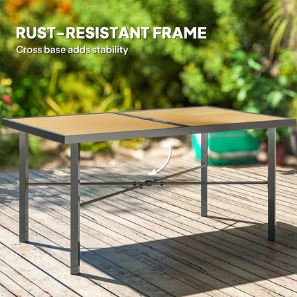 6 Seater Garden Dining Table with Wood Effect Top & Umbrella Hole - Natural Wood Finish