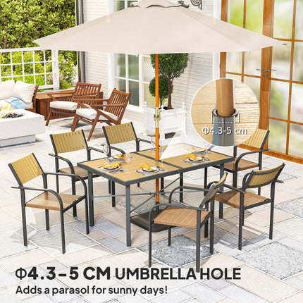 6 Seater Garden Dining Table with Wood Effect Top & Umbrella Hole - Natural Wood Finish