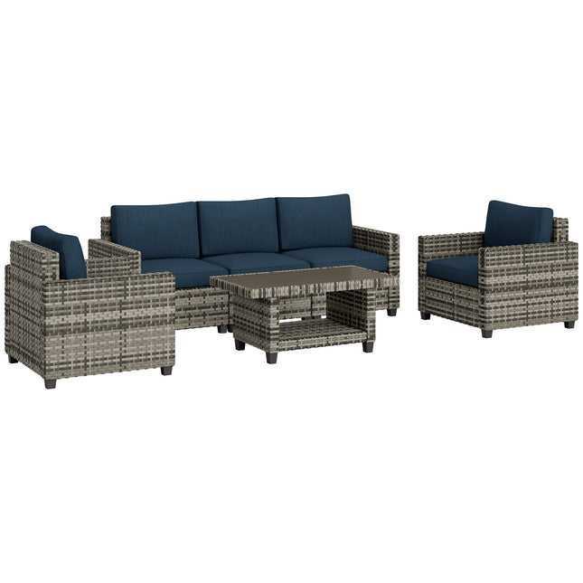 6 Piece Rattan Garden Furniture Set with Cushions and Steel Frame Coffee Table - Navy Blue