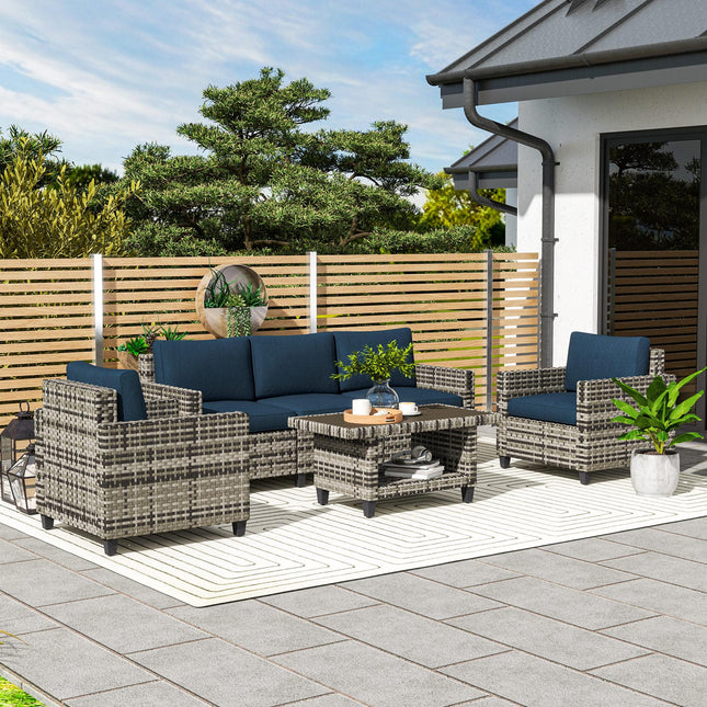 6 Piece Rattan Garden Furniture Set with Cushions and Steel Frame Coffee Table - Navy Blue