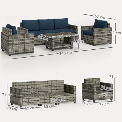 6 Piece Rattan Garden Furniture Set with Cushions and Steel Frame Coffee Table - Navy Blue
