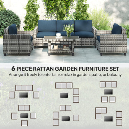 6 Piece Rattan Garden Furniture Set with Cushions and Steel Frame Coffee Table - Navy Blue