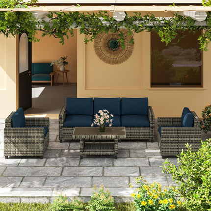 6 Piece Rattan Garden Furniture Set with Cushions and Steel Frame Coffee Table - Navy Blue