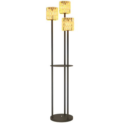 Boho Rattan 3-Light Floor Lamp with Shelf Solar Garden Light IP44 Waterproof - Yellow