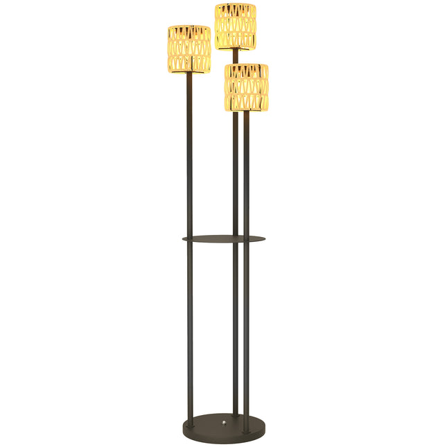 Boho Rattan 3-Light Floor Lamp with Shelf Solar Garden Light IP44 Waterproof - Yellow