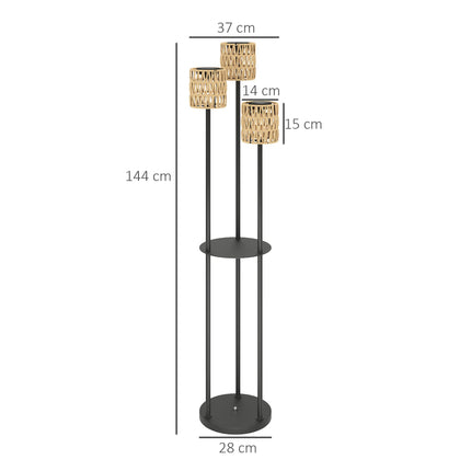 Boho Rattan 3-Light Floor Lamp with Shelf Solar Garden Light IP44 Waterproof - Yellow