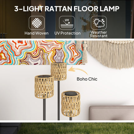 Boho Rattan 3-Light Floor Lamp with Shelf Solar Garden Light IP44 Waterproof - Yellow