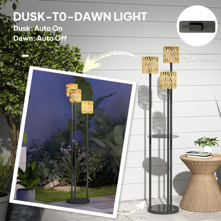 Boho Rattan 3-Light Floor Lamp with Shelf Solar Garden Light IP44 Waterproof - Yellow
