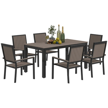 6 Seater Garden Dining Set with Stackable Chairs and Rectangular Aluminium Frame Table - Brown