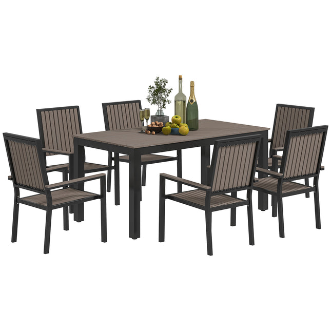 6 Seater Garden Dining Set with Stackable Chairs and Rectangular Aluminium Frame Table - Brown