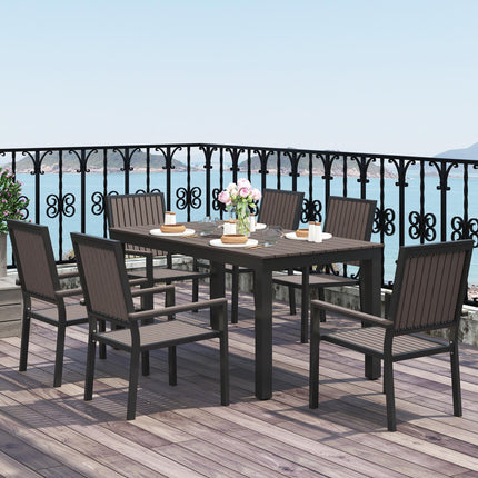 6 Seater Garden Dining Set with Stackable Chairs and Rectangular Aluminium Frame Table - Brown