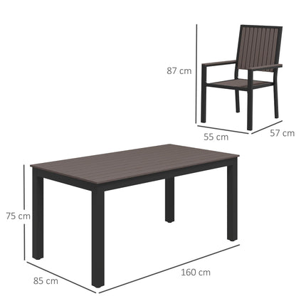6 Seater Garden Dining Set with Stackable Chairs and Rectangular Aluminium Frame Table - Brown