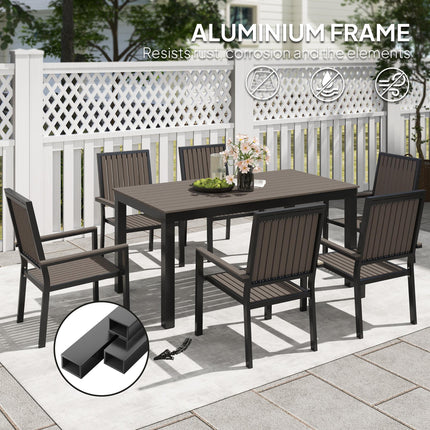 6 Seater Garden Dining Set with Stackable Chairs and Rectangular Aluminium Frame Table - Brown
