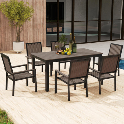 6 Seater Garden Dining Set with Stackable Chairs and Rectangular Aluminium Frame Table - Brown