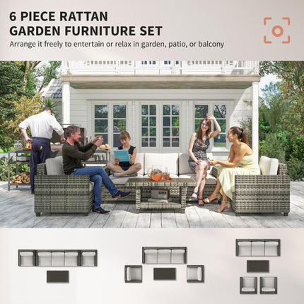6 Piece Light Grey Rattan Garden Furniture Set with Cushions