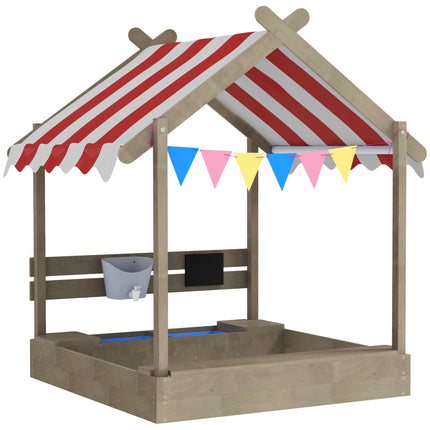House-Designed Wooden Kids Sandbox with Blackboard, Toys, Sink, Seats & Flags for Ages 3-7 - Grey