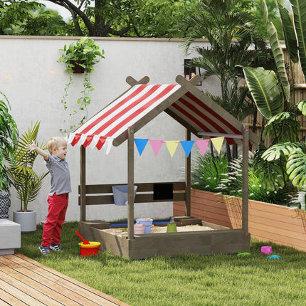 House-Designed Wooden Kids Sandbox with Blackboard, Toys, Sink, Seats & Flags for Ages 3-7 - Grey