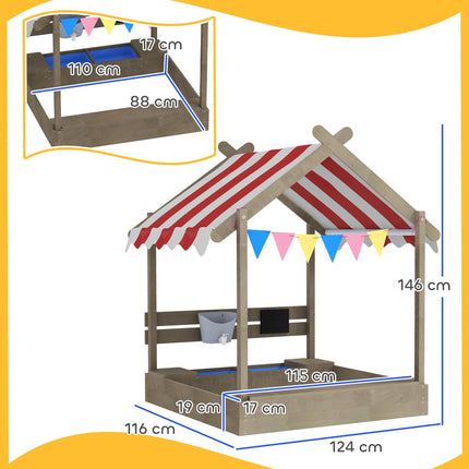 House-Designed Wooden Kids Sandbox with Blackboard, Toys, Sink, Seats & Flags for Ages 3-7 - Grey