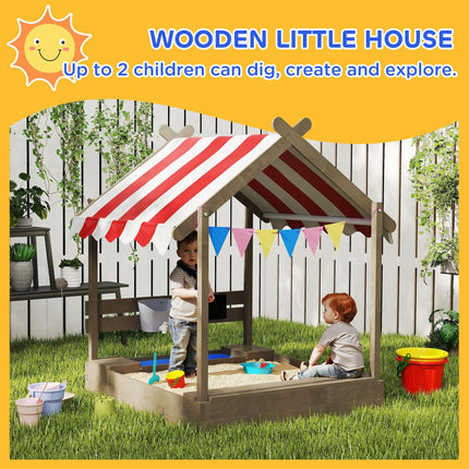 House-Designed Wooden Kids Sandbox with Blackboard, Toys, Sink, Seats & Flags for Ages 3-7 - Grey