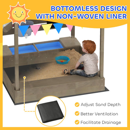 House-Designed Wooden Kids Sandbox with Blackboard, Toys, Sink, Seats & Flags for Ages 3-7 - Grey