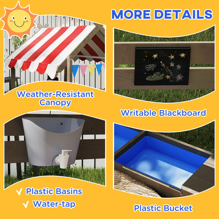 House-Designed Wooden Kids Sandbox with Blackboard, Toys, Sink, Seats & Flags for Ages 3-7 - Grey