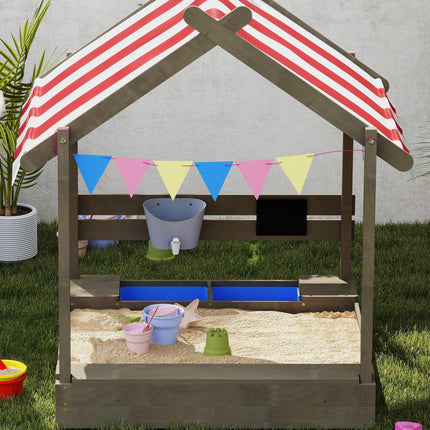 House-Designed Wooden Kids Sandbox with Blackboard, Toys, Sink, Seats & Flags for Ages 3-7 - Grey