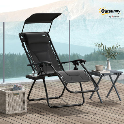 Zero Gravity Folding Reclining Chair with Padded Cushion and Shade Cover - Black