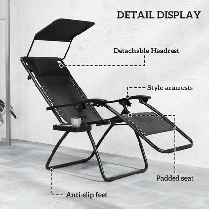 Zero Gravity Folding Reclining Chair with Padded Cushion and Shade Cover - Black