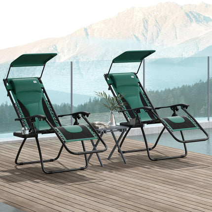 Set of 2 Zero Gravity Lounger Chairs with Padded Seat, Tray & Shade Cover - Green