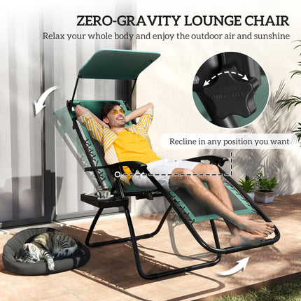 Set of 2 Zero Gravity Lounger Chairs with Padded Seat, Tray & Shade Cover - Green