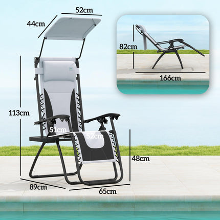 Set of 2 Zero Gravity Reclining Lounger Chairs with Adjustable Shade Cover - Light Grey