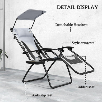 Set of 2 Zero Gravity Reclining Lounger Chairs with Adjustable Shade Cover - Light Grey