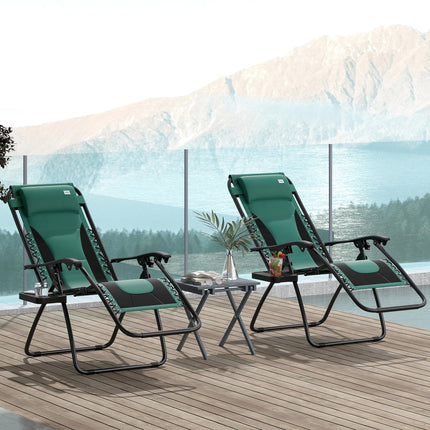Set of 2 Zero Gravity Lounger Chairs with Padded Cushion and Cup Holder - Green