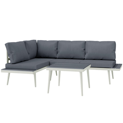 3 Piece Garden Furniture Set with 5-Level Adjustable Lounger & L Shaped Corner Sofa with Cushions - Grey