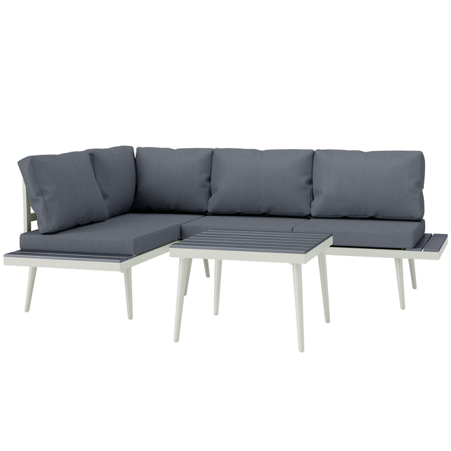 3 Piece Garden Furniture Set with 5-Level Adjustable Lounger & L Shaped Corner Sofa with Cushions - Grey