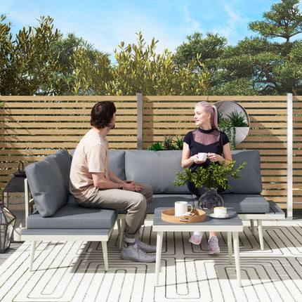 3 Piece Garden Furniture Set with 5-Level Adjustable Lounger & L Shaped Corner Sofa with Cushions - Grey