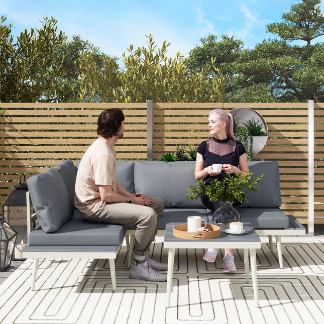 3 Piece Garden Furniture Set with 5-Level Adjustable Lounger & L Shaped Corner Sofa with Cushions - Grey