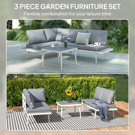 3 Piece Garden Furniture Set with 5-Level Adjustable Lounger & L Shaped Corner Sofa with Cushions - Grey