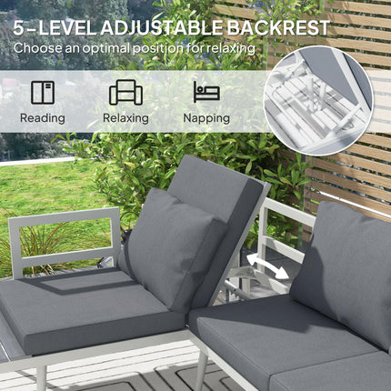 3 Piece Garden Furniture Set with 5-Level Adjustable Lounger & L Shaped Corner Sofa with Cushions - Grey