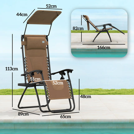 Set of 2 Zero Gravity Lounger Chairs with Cushion, Shade & Tray - Black