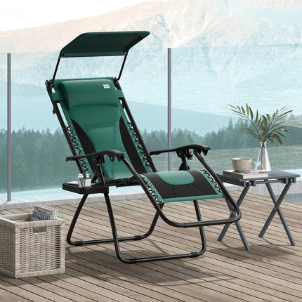 Zero Gravity Folding Reclining Lounger Chair with Shade Cover, Padded Seat, Cup Holder & Headrest - Green